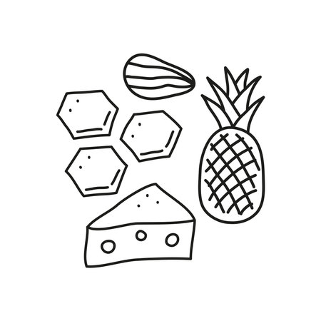 Group of doodle outline food allergens icons including almond nut, honey combs, pineapple, cheese isolated on white background.のイラスト素材