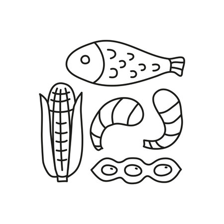 Group of doodle outline food allergens icons including corn, fish, peanut, shrimps, beans isolated on white background.のイラスト素材