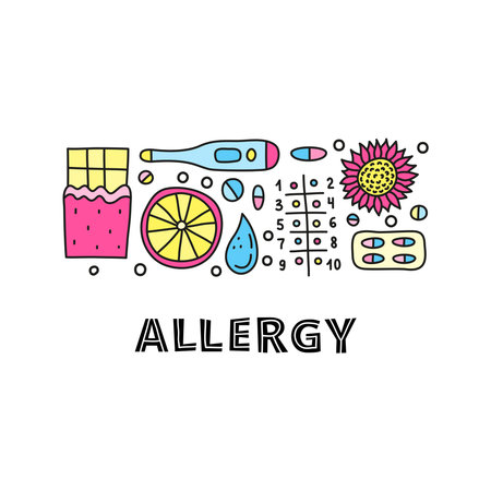 Lettering and group of doodle colored allergy icons including chocolate, citrus, thermometer, flower, pills blister isolated on white background.のイラスト素材
