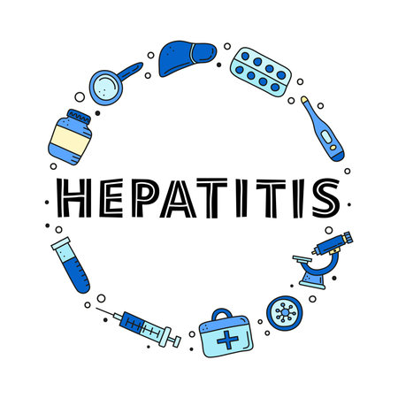 Doodle colored hepatitis medical icons including liver, microscope, syringe, test tube, first aid kit, loupe, virus composed in circle shape.のイラスト素材