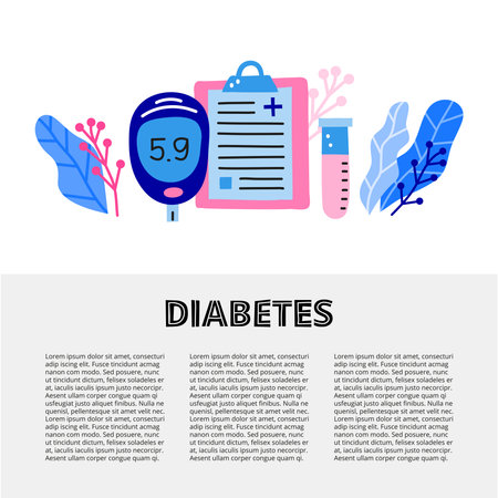 Article template with space for text and doodle colored diabetes icons including glucometer, blank clipboard, test tube, fluid leaves.のイラスト素材