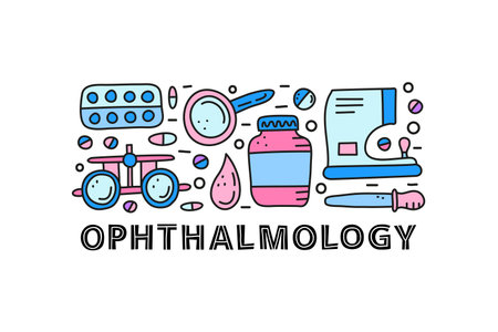 Lettering and group of doodle colored ophthalmology icons including medical eye glasses, pills blister, loupe, drop, bottle, pipette, auto refractometer isolated on white background.のイラスト素材