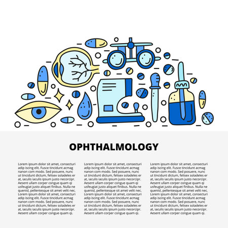 Article template with space for text and doodle colored ophthalmology icons including eye, pipette bottle, cornea, medical glasses, autorefractometer isolated on white background.のイラスト素材