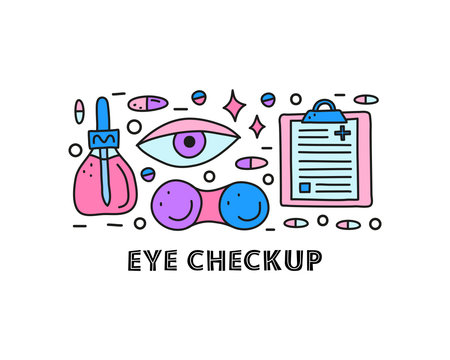 Poster with lettering and doodle colored ophthalmology icons including eye, pipette bottle, lens case, blank clipboard isolated on white background.のイラスト素材