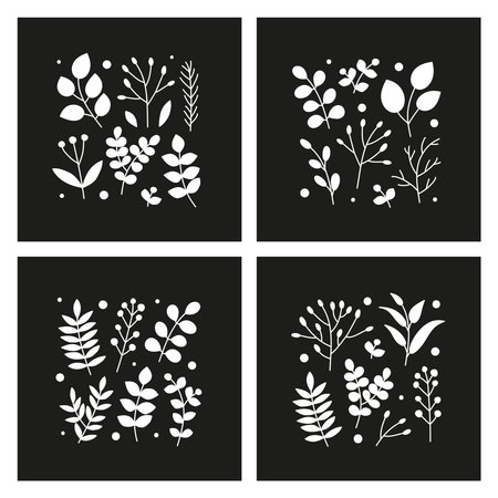 Set of cards with doodle white leafy twigs, wild herbs, plants, berries isolated on black background.のイラスト素材