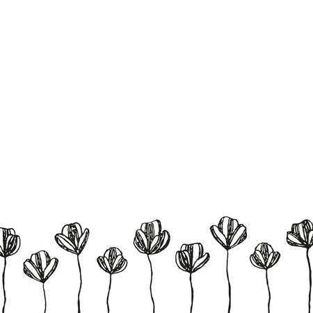 Poster with black grunge sketched flowers and empty space isolated on white background.のイラスト素材