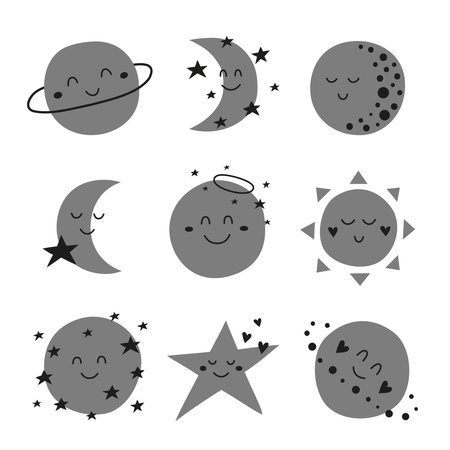 Set of cute doodle smile celestial characters including sun, moon, planet, star in Scandinavian style isolated on white background.のイラスト素材