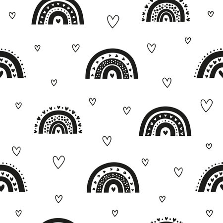 Cute black and white seamless pattern with Scandinavian rainbows, hearts for kid clothing, baby shower, Valentine's day, scrapbooking.のイラスト素材
