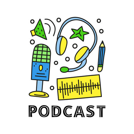 Group of doodle colored podcast icons including microphone, headphones, pencil, sound, voice and lettering isolated on white background.のイラスト素材