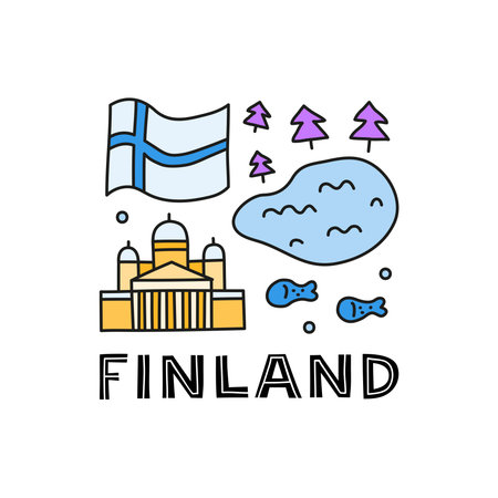 Group of doodle colored finland icons including Helsinki Cathedral, lake, fish, flag, fir trees and lettering isolated on white background.のイラスト素材