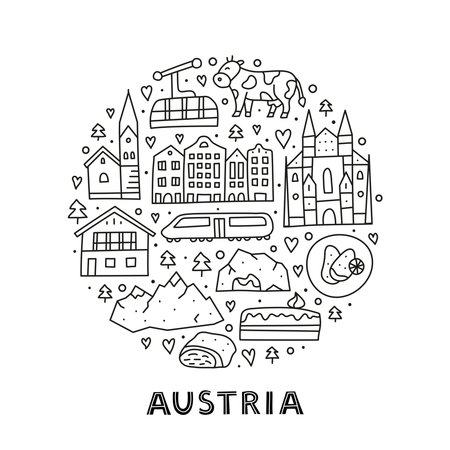 Doodle outline Austria icons including Vienna Cathedral, train, chalet house, church, Alpine mountains, cow, cave, flag, schnitzel, strudel, etc composed in circle shape.のイラスト素材