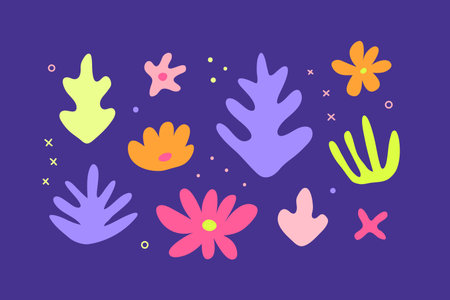 Set of simple doodle colorful tropical leaves and flowers isolated on violet background. Cute modern poster.のイラスト素材