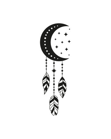 Boho moon with feathers and stars isolated on white background. Witchy crescent. Alchemy esoteric magic talisman. Mystical symbol.のイラスト素材