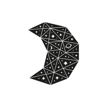 Black polygonal celestial crescent moon with stars and planet isolated on white background. Outer space. Low poly geometric shape.のイラスト素材