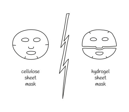 Sheet mask comparison. Cellulose versus hydrogel. Doodle outline illustration.のイラスト素材