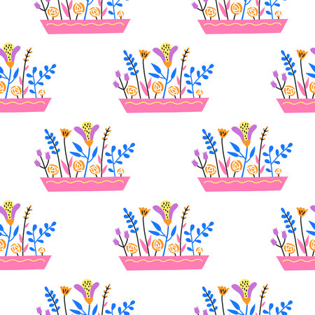 White seamless pattern with doodle colorful wild flowers in long containers or pots.のイラスト素材