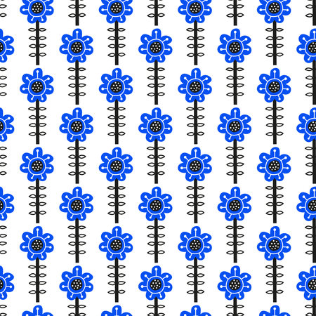 White seamless pattern with doodle blue flowers in Scandinavian folk art style.のイラスト素材