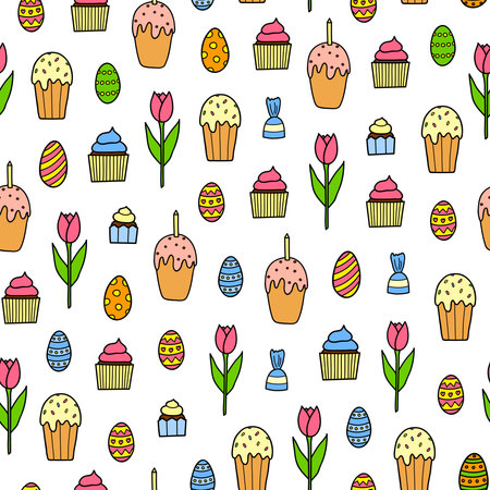 White seamless pattern with doodle colorful kulich or panettone cakes, tulip flowers, cupcakes, candies.のイラスト素材