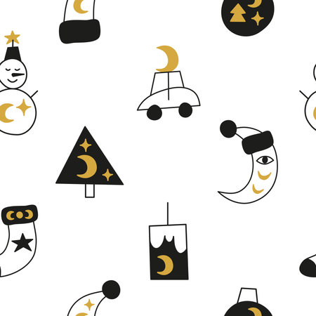 Black and white Christmas seamless pattern with boho fir trees, cars, crescents. Celestial New year background.のイラスト素材
