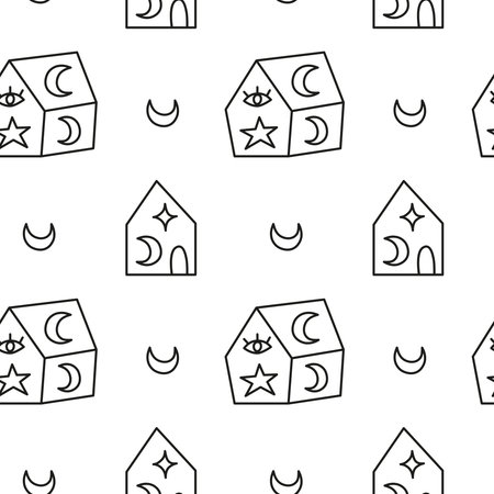 Black and white seamless pattern with boho houses, third eye and moon. Celestial New year background.のイラスト素材
