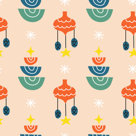 Cute seamless pattern with rainbows, Christmas toys. Minimalist Scandinavian New year background.のイラスト素材