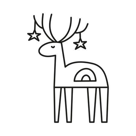 Doodle outline deer with rainbow and stars isolated on white background. Cute New year symbol.のイラスト素材