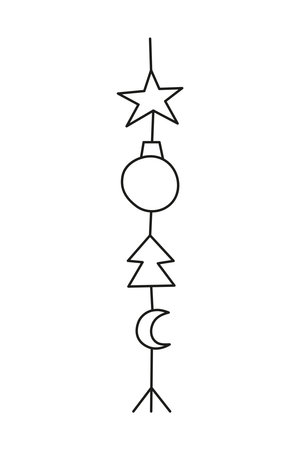 Doodle garland with Christmas ball, star, moon and fir tree isolated on white background. Celestial New year decor.のイラスト素材