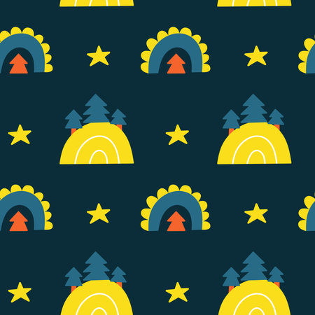 Cute seamless pattern with rainbows, stars, fir trees. Minimalist Scandinavian New year background.のイラスト素材