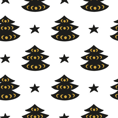 Black and white Christmas seamless pattern with boho fir trees, moon phases, stars. Celestial New year background.のイラスト素材