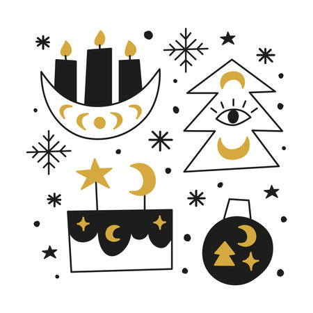 Set of doodle celestial Christmas icons with ball, candles, cake, fir tree, crescent moon, third eye and stars isolated on white background. Magical New year elements.のイラスト素材