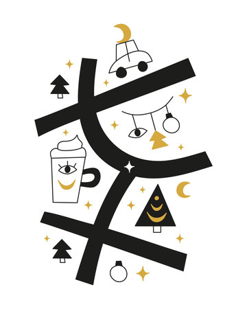 Celestial Christmas map with car, fir trees, cup, garland, moon and stars. Ready postcard template. Scandinavian winter illustration.のイラスト素材