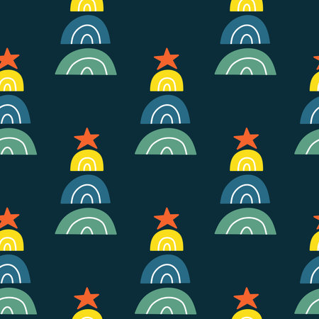 Cute seamless pattern with Christmas trees composed of rainbows. Minimalist Scandinavian New year background.のイラスト素材