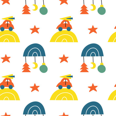 Cute seamless pattern with Christmas rainbows, cars and stars. Minimalist Scandinavian New year background.のイラスト素材