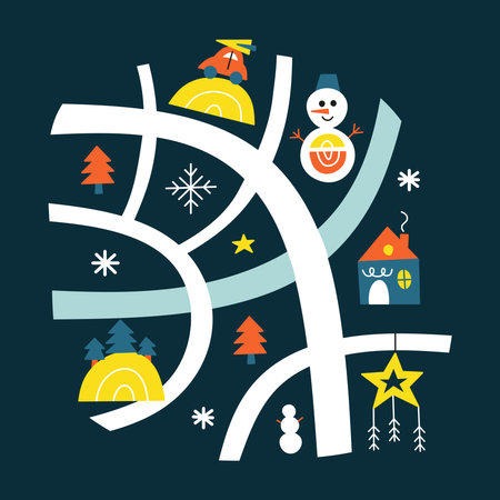Boho Christmas map with house, fir trees, snowman, car, rainbow, moon and stars. Ready postcard template. Scandinavian winter illustration.のイラスト素材