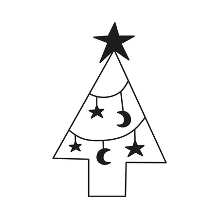 Doodle outline celestial fir tree with moon and stars isolated on white background.のイラスト素材