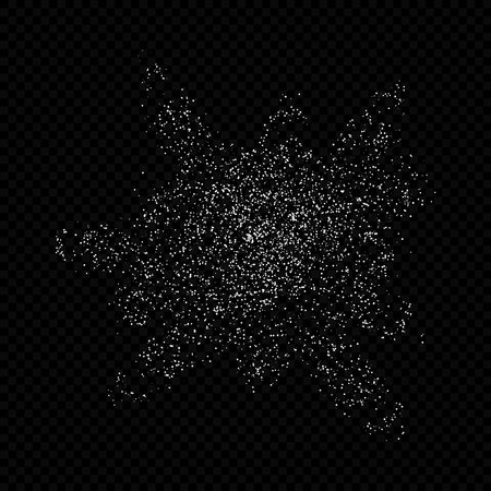 Abstract explosion of particles. Falling white dust. Salt crystals top view. Flying baking flour isolated on black background. Scatters of sugar powder on dark.のイラスト素材