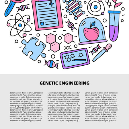 Article template with space for text and doodle colored genetic engineering icons including dna, blank clipboard, molecule, plant in test tube, puzzle, tablet, apple, pipette.のイラスト素材