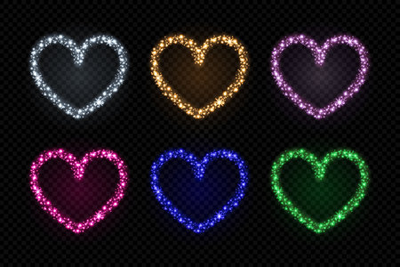 Set of glowing heart frames with sparkles and glitter particles isolated on dark. Shining borders with stardust light effect and glares. Luminous design for Valentine's day celebration.のイラスト素材