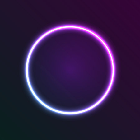 Gradient neon blue and violet circle shape isolated on dark background. Vibrant colorful round frame with glowing backlight effect.のイラスト素材