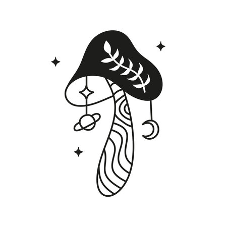 Magical boho mushroom with planet, crescent moon and leafy twig isolated on white background. Bohemian hand drawn fungus clipart. Celestial vector illustration.のイラスト素材