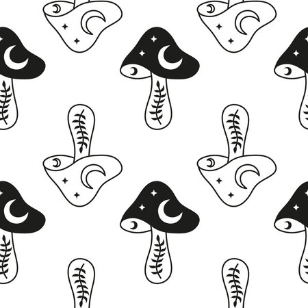 Black and white seamless pattern with boho celestial mushrooms, moon and leafy twigs. Mystical background with funguses.のイラスト素材