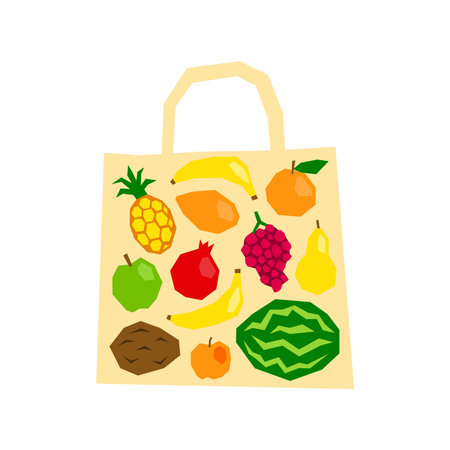 Paper cut fruits in grocery bag isolated on white background. Delivery of organic products. Eco friendly shopping. Healthy food concept.のイラスト素材