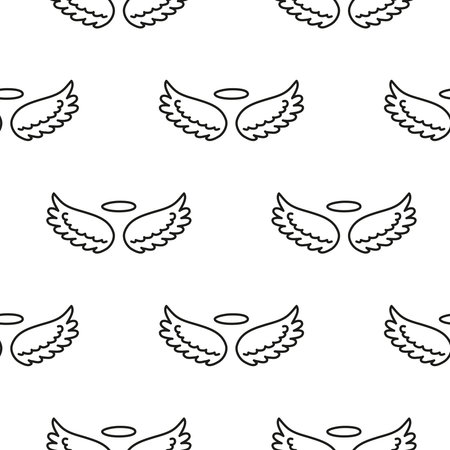 Black and white seamless pattern with doodle outline angel wings and nimbus.のイラスト素材