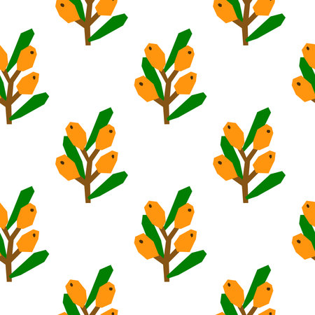 Seamless pattern with paper cut sea buckthorn in modern style. Organic harvest background.のイラスト素材