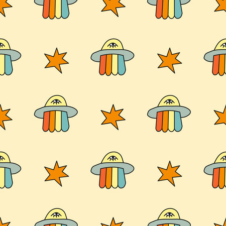 Cute seamless pattern with doodle ufos and stars in groovy style. Hipster background with space symbols.のイラスト素材