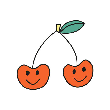 Cute doodle cherry smile character in retro groovy style. Colored hipster symbol.