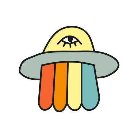 Cute doodle colored alien ufo with eye in retro groovy style. Colored hipster symbol.のイラスト素材