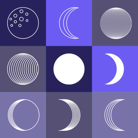Linear moon and crescent icons isolated on blue background.のイラスト素材