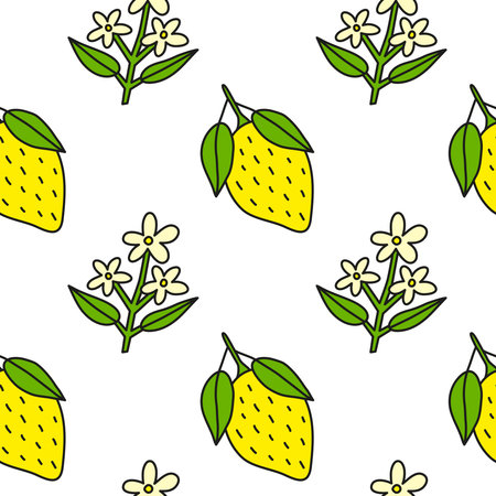 White seamless pattern with cute doodle colorful lemon fruits and floral branches.のイラスト素材