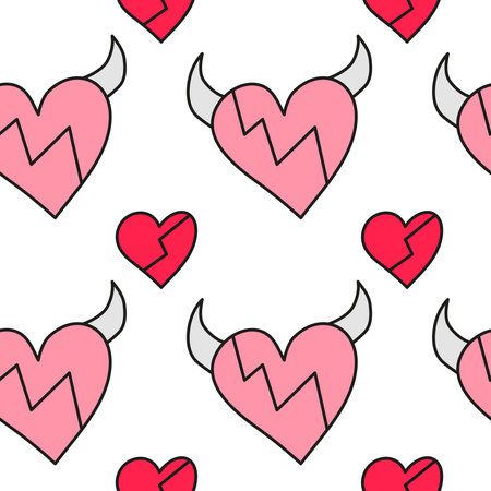 Seamless pattern with pink doodle devil hearts and horns.のイラスト素材